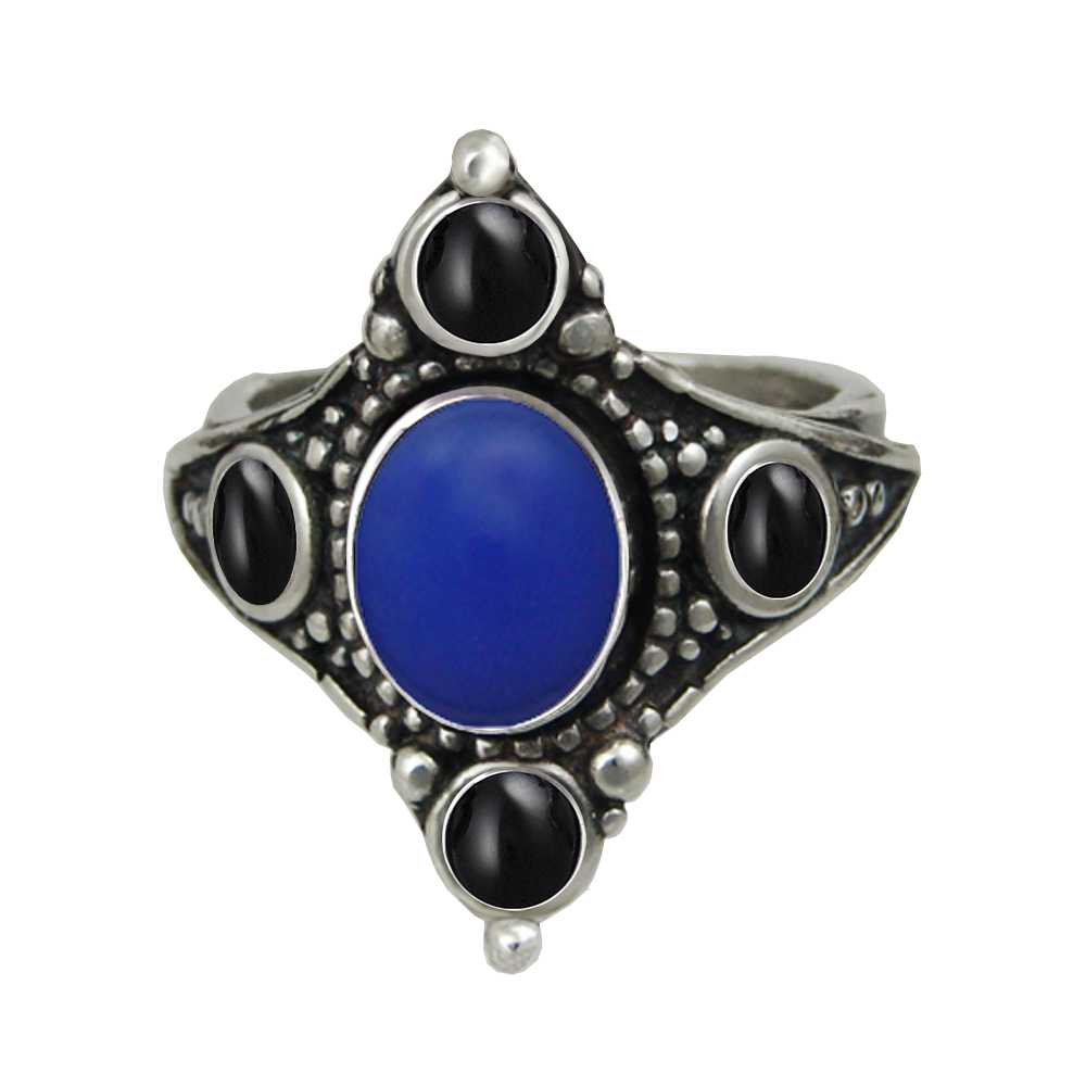 Sterling Silver Renaissance Queen's Ring With Blue Onyx And Black Onyx Size 11